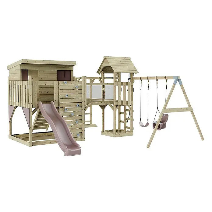 OutdoorToys Kinderspielturm Polarplay Johanna - L x B x H: 490 x 503 x 274 cm, Rosa - Holzspielplatz mit Rutsche, Schaukel und Kletterwand für Kinder zum Austoben im Garten.