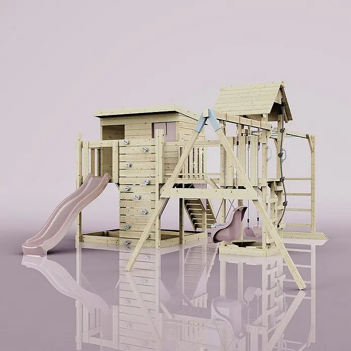 OutdoorToys Kinderspielturm Polarplay Johanna - L x B x H: 490 x 503 x 274 cm, Rosa - Abenteuerlicher Spielplatz mit Rutsche, Kletterwand und Schaukel für unvergesslichen Spaß im Freien.