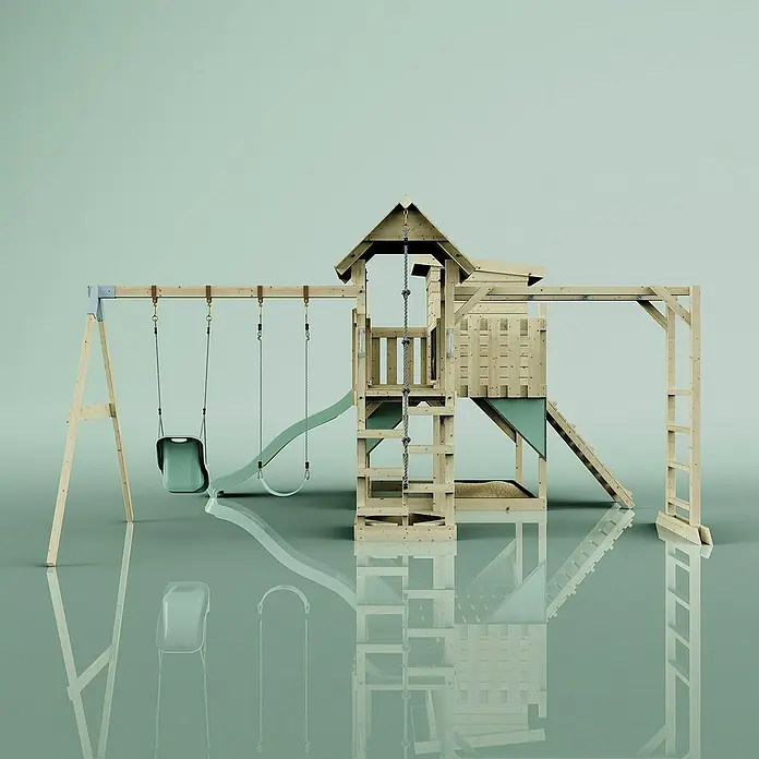 OutdoorToys Kinderspielturm Polarplay Malou - L x B x H: 562 x 503 x 274 cm, Grün - Ein hölzernes Kinderspielhaus mit Schaukel, Rutsche und Klettergerüst, ideal für den Garten. Robuste Konstruktion für aktiven Spielspaß im Freien.