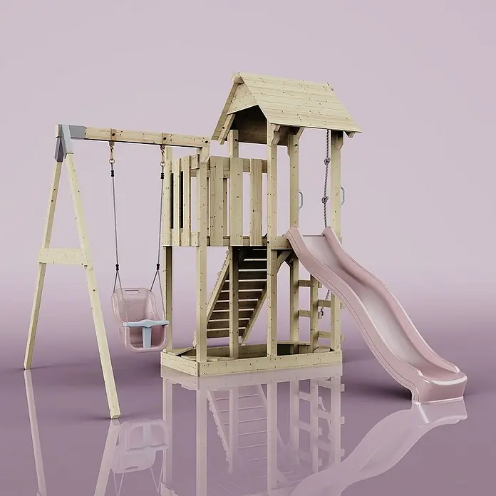 OutdoorToys Kinderspielturm Bergen - L x B x H: 283 x 357 x 273 cm, Rosa - Hölzerner Spielturm mit Schaukel, Rutsche und Klettergerüst für Kinder zum Spielen und Spaß haben im Garten.