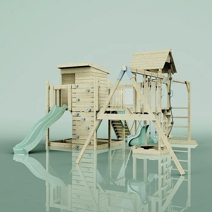 OutdoorToys Kinderspielturm Polarplay Malou - L x B x H: 562 x 503 x 274 cm, Grün - Ein detailreiches Bild eines Holzspielplatzes mit Rutsche, Kletterwand und Schaukel, ideal für den Garten.