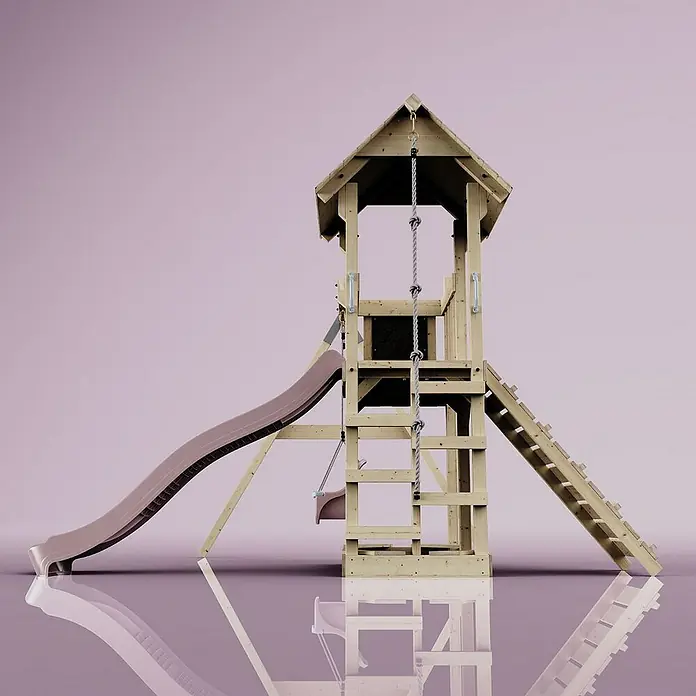 OutdoorToys Kinderspielturm Bergen - L x B x H: 283 x 357 x 273 cm, Rosa - Kinderspielturm mit Rutsche, Strickleiter und Kletterwand für unbegrenzten Spielspaß im Freien. Die ideale Ergänzung für jeden Garten.