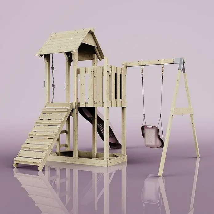 OutdoorToys Kinderspielturm Bergen - L x B x H: 283 x 357 x 273 cm, Rosa - Das Bild zeigt ein Kinderspielhaus mit Rutsche, Treppe und Schaukel auf einem glänzenden Untergrund. Ideal für Spielplätze im Freien.