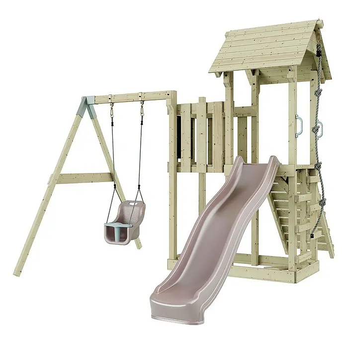 OutdoorToys Kinderspielturm Bergen - L x B x H: 283 x 357 x 273 cm, Rosa - Spielturm mit Schaukel, Rutsche und Kletterseil für Kinder. Ideal für den Garten, bietet Spiel und Spaß im Freien.