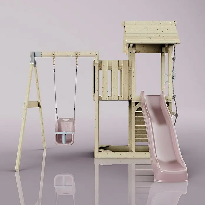 OutdoorToys Kinderspielturm Bergen - L x B x H: 283 x 357 x 273 cm, Rosa - Ein hölzernes Spielhaus mit einer rosa Rutsche und einer Babyschaukel für Spielspaß im Freien.