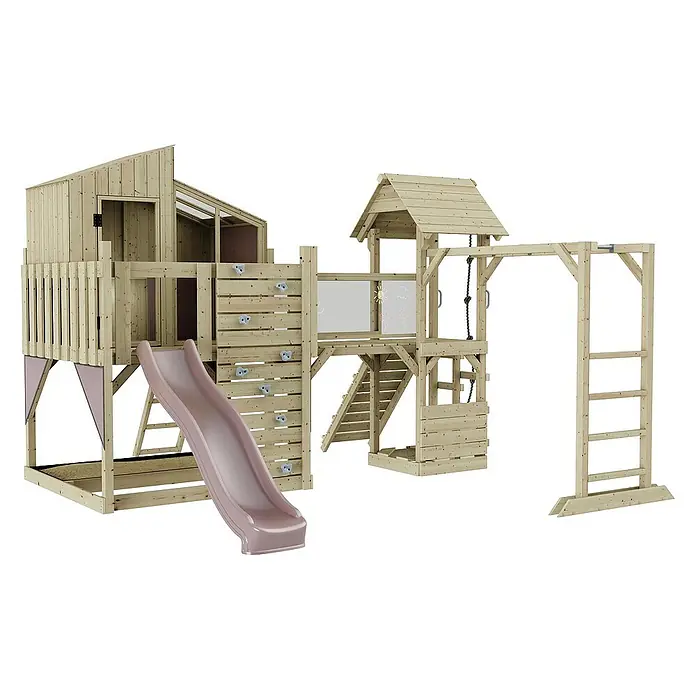 OutdoorToys Kinderspielturm Polarplay Ludvig - L x B x H: 444 x 406 x 291 cm, Rosa - Hölzernes Spielhaus mit Rutsche, Kletterwand, Schaukel und Leiter für stundenlangen Spaß im Garten. Ideal für Kinder zum Spielen und Toben.