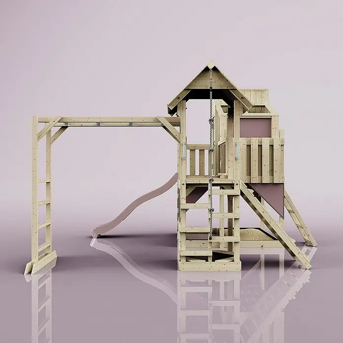OutdoorToys Kinderspielturm Polarplay Ludvig - L x B x H: 444 x 406 x 291 cm, Rosa - Holz-Spielplatzgerät mit Rutsche, Kletterwand und Schaukel für stundenlangen Spielspaß im Freien. Ideal für Kindergärten und Gärten.
