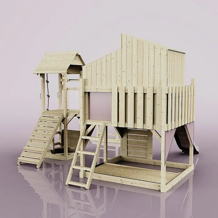 OutdoorToys Kinderspielturm Polarplay Ludvig - L x B x H: 444 x 406 x 291 cm, Rosa - Das Foto zeigt ein hölzernes Kinderspielhaus mit Rutsche, Treppe und Sandkasten vor einem lila Hintergrund. Das Spielhaus bietet viele Spielmöglichkeiten.
