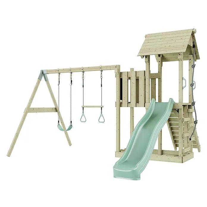 OutdoorToys Kinderspielturm Uppsala - L x B x H: 373 x 357 x 273 cm, Grün - Holzspielplatz mit Schaukel, Rutsche und Klettergerüst für stundenlangen Spielspaß im Garten.