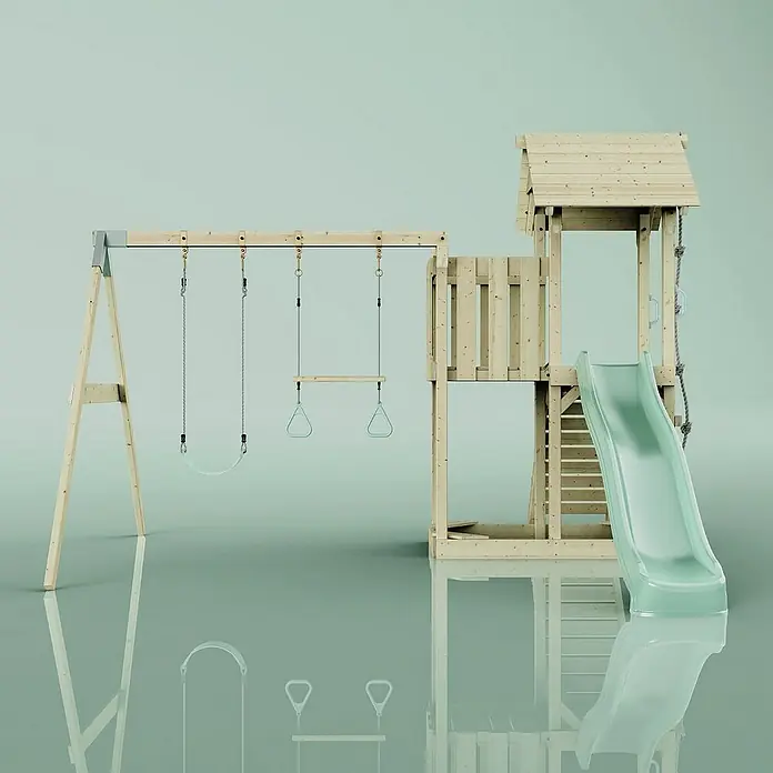 OutdoorToys Kinderspielturm Uppsala - L x B x H: 373 x 357 x 273 cm, Grün - Holzspielplatz mit Schaukel, Rutsche und Kletterturm für Kinder. Das naturbelassene Holzdesign fügt sich gut in jeden Garten ein und bietet viel Spaß.