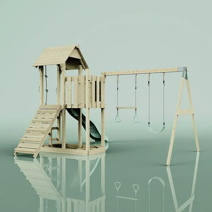 OutdoorToys Kinderspielturm Uppsala - L x B x H: 373 x 357 x 273 cm, Grün - Holzspielplatz mit Rutsche und Schaukel, ideal für Spaß im Garten.