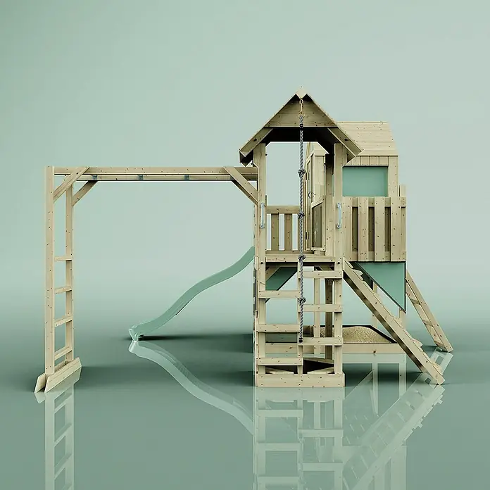 OutdoorToys Kinderspielturm Luna - Holz, Grün - Holzspielplatz mit Turm, Rutsche, Kletterwand und Schaukelgerüst für Kinder zum Spielen und Spaß haben im Garten.