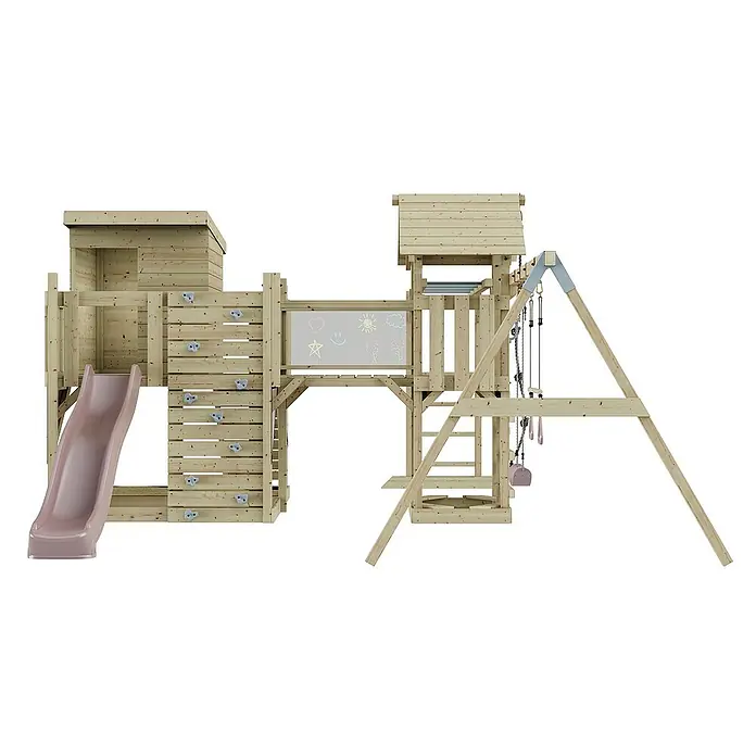 OutdoorToys Kinderspielturm Polarplay Malou - L x B x H: 562 x 503 x 274 cm, Rosa - Diese Abbildung zeigt ein Spielhaus mit Rutsche, Kletterwand, Schaukel und Tafel, ideal für den Garten, um Kindern Spaß zu bereiten.
