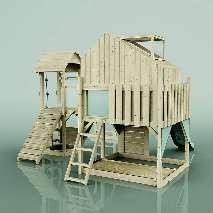 OutdoorToys Kinderspielturm Luna - Holz, Grün - Hölzernes Spielhaus mit Rutsche, Kletterseil und Leiter, ideal für stundenlangen Spaß im Garten.