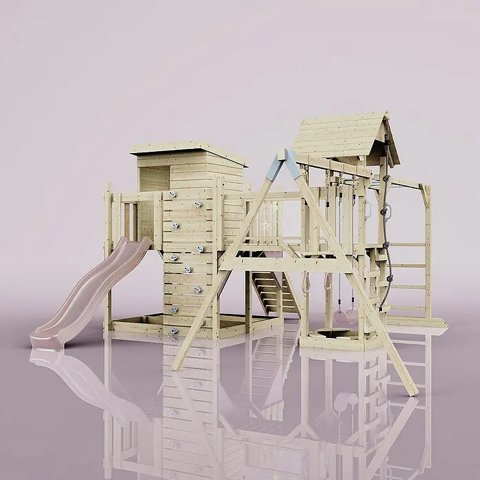 OutdoorToys Kinderspielturm Polarplay Malou - L x B x H: 562 x 503 x 274 cm, Rosa - Ein detailreiches Bild eines hölzernen Spielturms mit Rutsche, Kletterwand und Schaukelset auf glattem Untergrund.