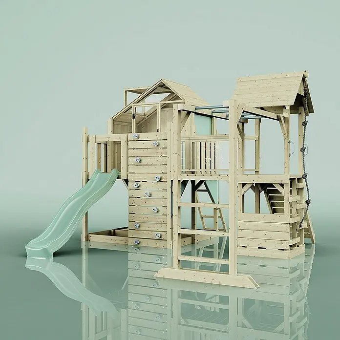 OutdoorToys Kinderspielturm Luna - Holz, Grün - Ein großes Spielhaus aus Holz mit Rutsche, Kletterwand und Seilaufstieg für abenteuerliche Kinder.