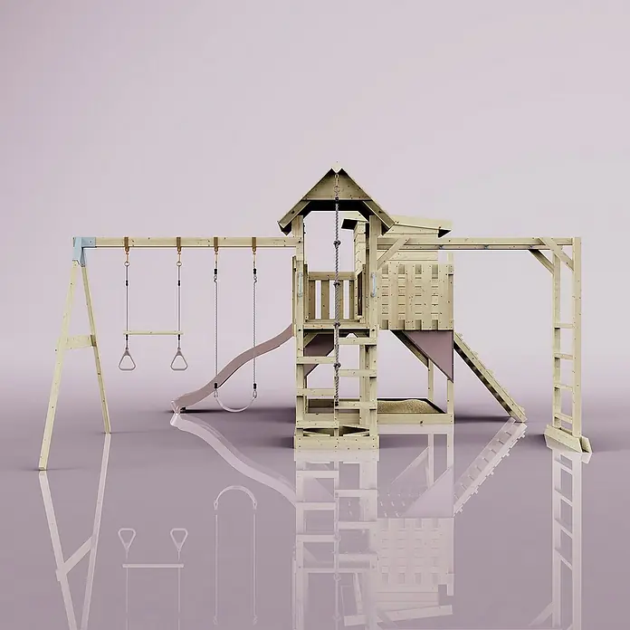 OutdoorToys Kinderspielturm Polarplay Malou - L x B x H: 562 x 503 x 274 cm, Rosa - Ein hölzernes Spielplatz-Set mit Schaukeln, Rutsche und Klettergerüst. Ideal für stundenlangen Spaß im Freien.
