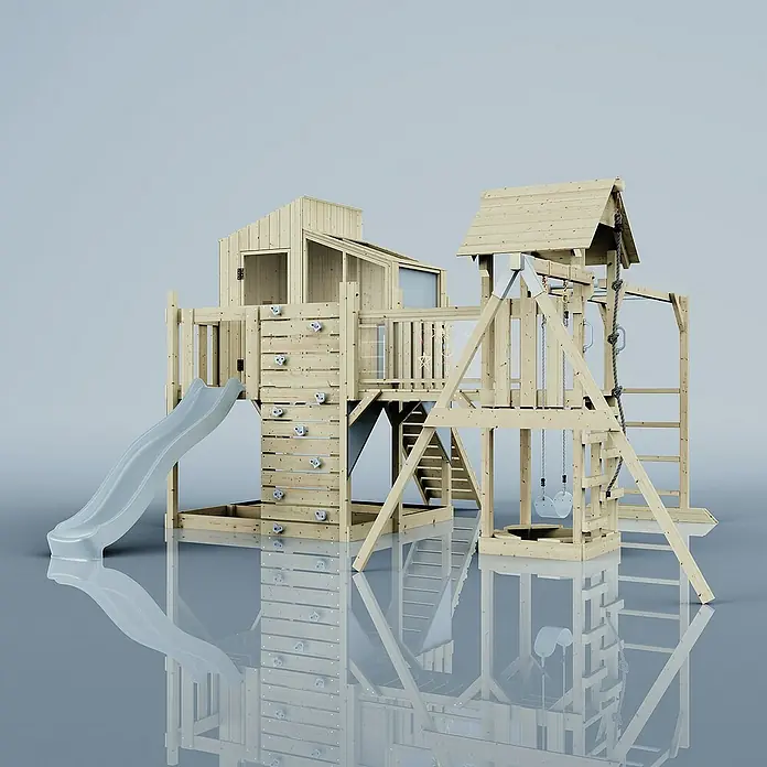 OutdoorToys Kinderspielturm Polarplay Liv - L x B x H: 400 x 503 x 291 cm, Blau - Hölzernes Spielhaus mit Rutsche, Kletterwand, Schaukel und Leiter, ideal für den Garten und aktive Kinder.