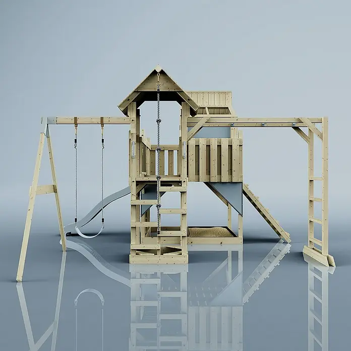 OutdoorToys Kinderspielturm Polarplay Liv - L x B x H: 400 x 503 x 291 cm, Blau - Abbildung eines Spielturms aus Holz mit Schaukel, Rutsche und Kletterwand, ideal für den Garten.