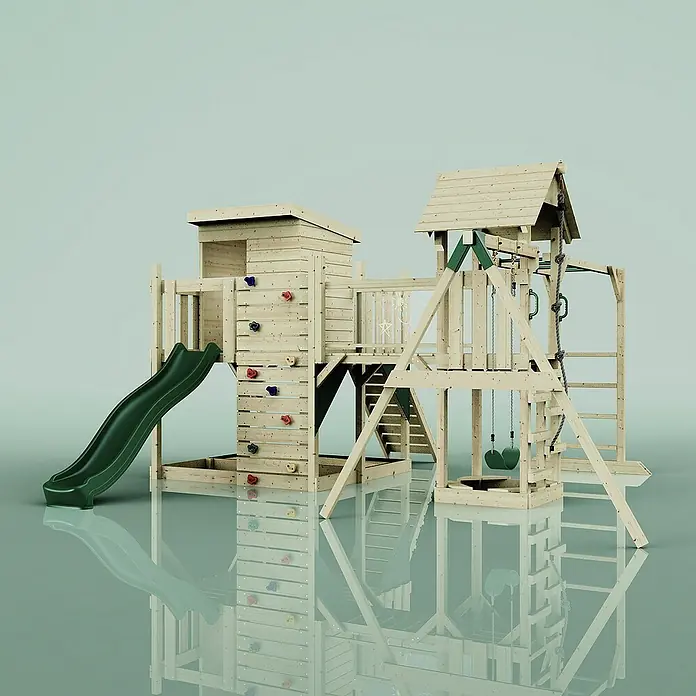 OutdoorToys Kinderspielturm Lene Kinderschaukel; - Holz, Grün - Ein vielseitiges Holzspielhaus mit Rutsche, Kletterwand und Schaukel für stundenlangen Spielspaß im Freien.