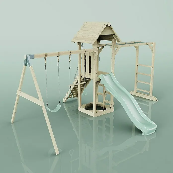 OutdoorToys Kinderspielturm Örebro - L x B x H: 358 x 491 x 275 cm, Grün - Darstellung eines Holzspielplatzes mit Schaukel, Rutsche, Klettergerüst und Spielhaus. Ideal für aktive Kinder im Freien.