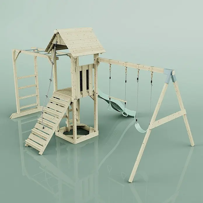 OutdoorToys Kinderspielturm Örebro - L x B x H: 358 x 491 x 275 cm, Grün - Ein hölzerner Spielplatz mit Schaukel, Rutsche, Kletterwand und kleinem Häuschen bietet Kindern vielfältige Spielmöglichkeiten im Garten.