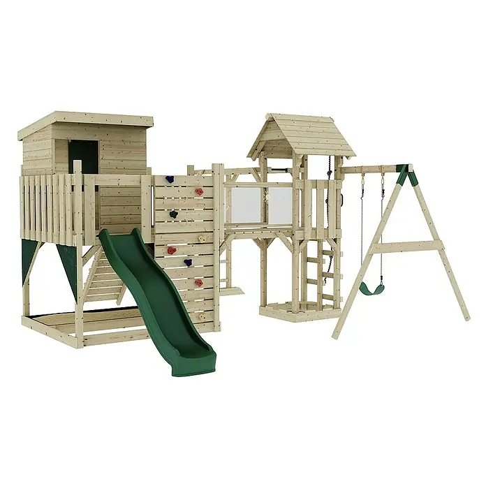 OutdoorToys Kinderspielturm Lene Kinderschaukel; - Holz, Grün - Holzspielplatz mit Turm, Rutsche, Schaukel und Kletterwand für Kinder zum Spielen und Toben im Garten.