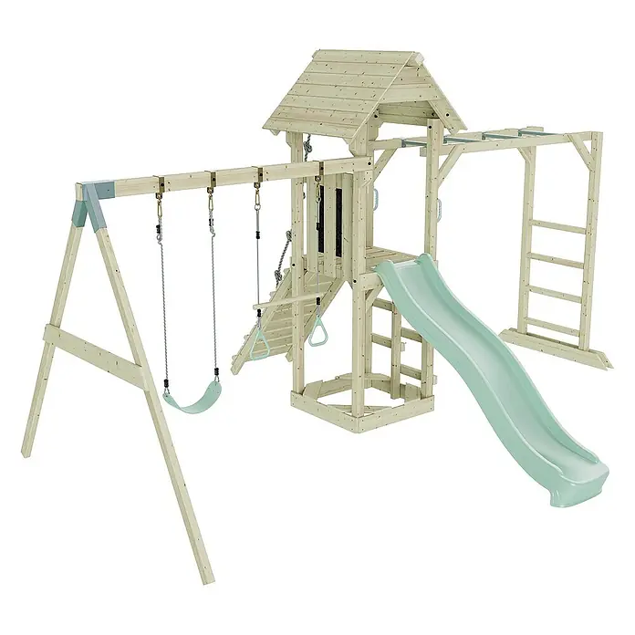 OutdoorToys Kinderspielturm Örebro - L x B x H: 358 x 491 x 275 cm, Grün - Hölzerner Spielplatz mit Schaukel, Rutsche, Klettergerüst und Spielhaus für Kinder zum Austoben im Garten.