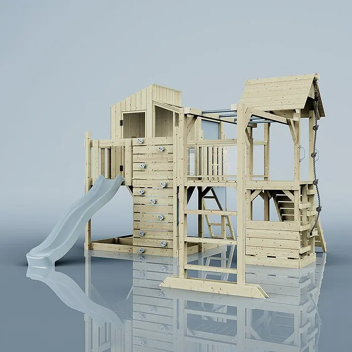 OutdoorToys Kinderspielturm Ludvig - Holz, Blau - Holzspielhaus mit Rutsche, Kletterwand und Seilaufstieg für Kinder zum Spielen und Toben im Garten.