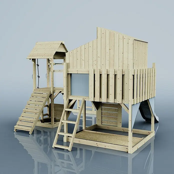 OutdoorToys Kinderspielturm Ludvig - Holz, Blau - Holz-Spielhaus für Kinder mit Rutsche, Leiter und Kletterseil. Das perfekte Outdoor-Spielzeug für den Garten.