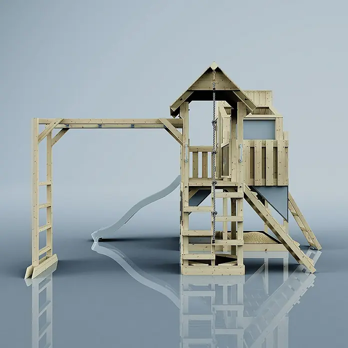 OutdoorToys Kinderspielturm Ludvig - Holz, Blau - Ein naturbelassener Holzspielturm mit Rutsche, Klettergerüst und Schaukel für Kinder zum Spielen im Freien.