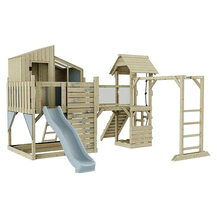 OutdoorToys Kinderspielturm Ludvig - Holz, Blau - Ein grosser Spielturm aus Holz mit Rutsche, Kletterwand und Spielhaus für den Garten.