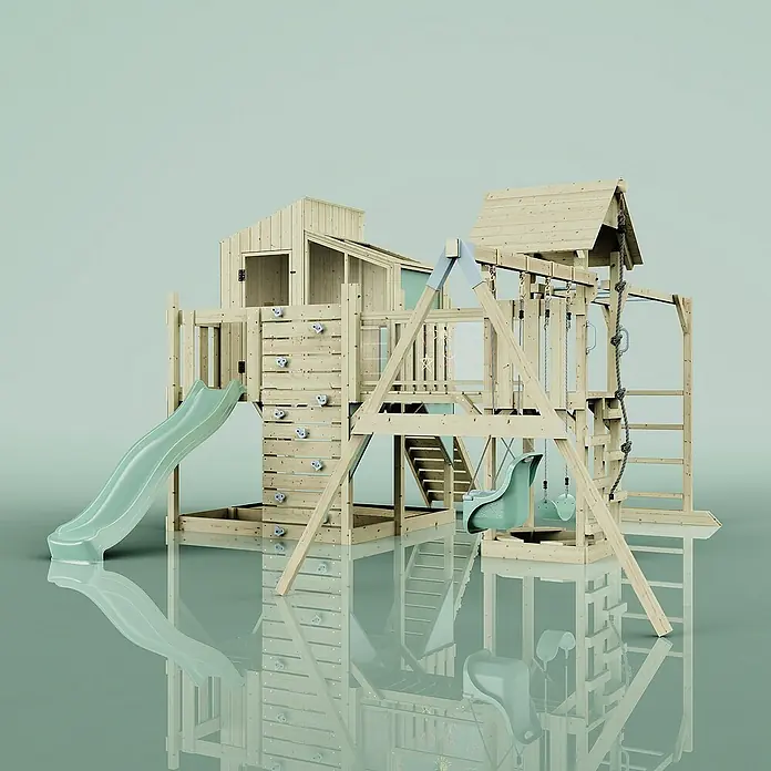 OutdoorToys Kinderspielturm Polarplay Emma - L x B x H: 490 x 503 x 291 cm, Grün - Hölzerner Kinderspielplatz mit Rutsche, Schaukel und Kletterwand für stundenlangen Spielspaß im Freien.