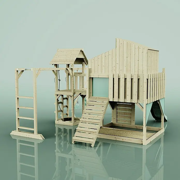 OutdoorToys Kinderspielturm Polarplay Emma - L x B x H: 490 x 503 x 291 cm, Grün - Hölzerner Spielplatz mit Turm, Rutsche und Klettergerüst für Kinder zum Spielen im Freien.
