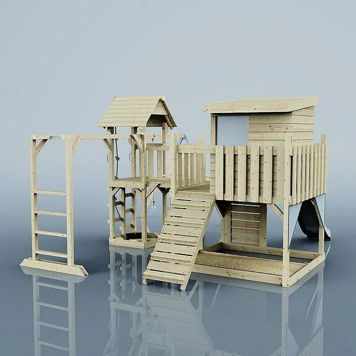 OutdoorToys Kinderspielturm Polarplay Malou - L x B x H: 562 x 503 x 274 cm, Blau - Ein vielseitiges Holzspielhaus mit Klettergerüst, Rutsche und Schaukel für stundenlangen Spielspaß im Garten.