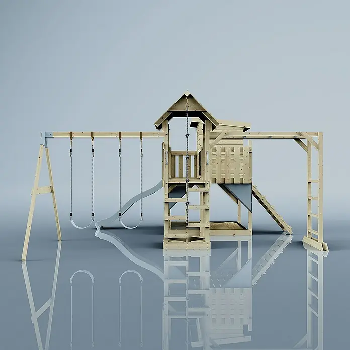 OutdoorToys Kinderspielturm Polarplay Malou - L x B x H: 562 x 503 x 274 cm, Blau - Holzspielplatz mit Schaukeln, Rutsche und Kletterturm für stundenlangen Spaß im Freien. Ideal für Kinder zum Spielen und Austoben.