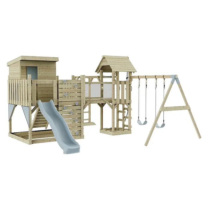 OutdoorToys Kinderspielturm Polarplay Malou - L x B x H: 562 x 503 x 274 cm, Blau - Holzspielplatz mit Rutsche, Kletterwand, Schaukeln und Spielhaus für stundenlangen Spaß im Freien.