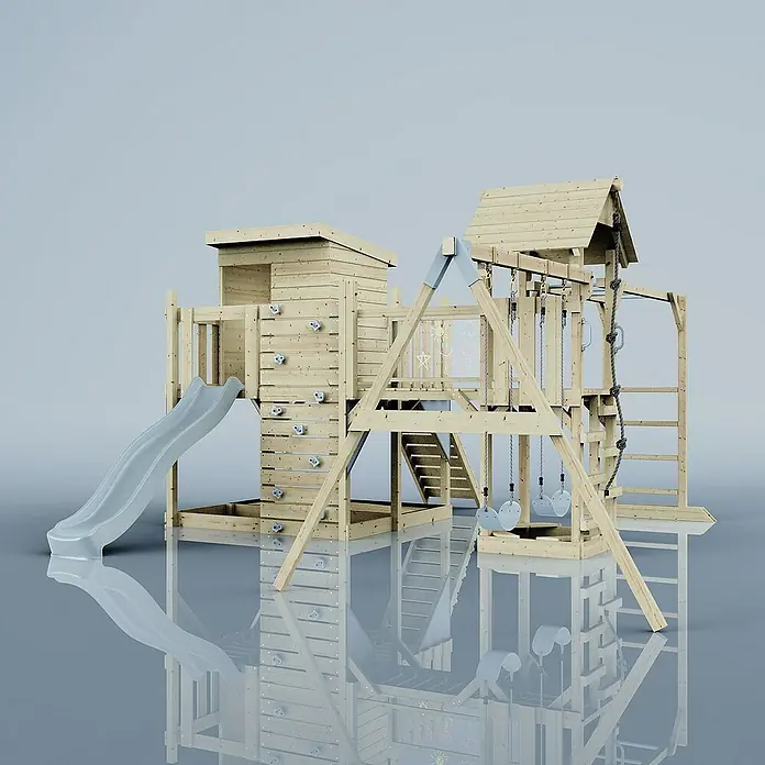 OutdoorToys Kinderspielturm Polarplay Malou - L x B x H: 562 x 503 x 274 cm, Blau - Holzspielturm mit Rutsche, Kletterwand und Schaukel. Ideal für stundenlangen Spaß im Garten. Das Holz ist robust und wetterfest.