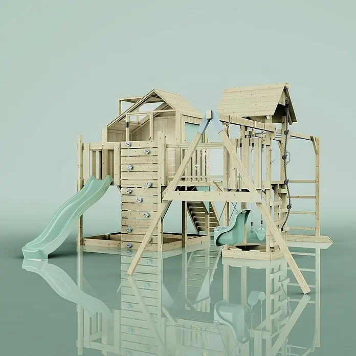 OutdoorToys Kinderspielturm Knut Babyschaukel; - Holz, Grün - Holzspielplatz mit Rutsche, Schaukel und Kletterwand für Kinder. Ein Paradies zum Spielen und Toben im Garten.