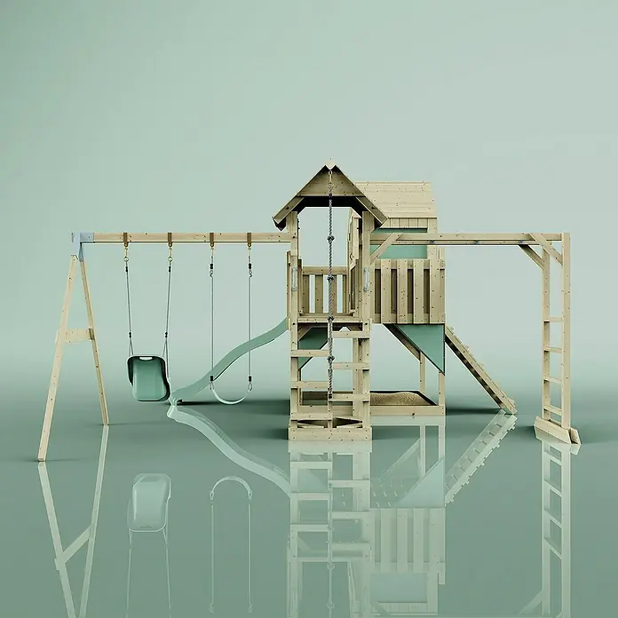 OutdoorToys Kinderspielturm Knut Babyschaukel; - Holz, Grün - Abbildung eines naturbelassenen Holz-Spielplatzes mit Schaukeln, Rutsche und Klettergerüst, ideal für stundenlangen Spielspaß im Freien.