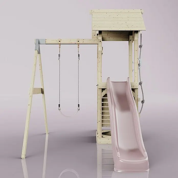 OutdoorToys Kinderspielturm Göteborg - L x B x H: 242 x 357 x 273 cm, Rosa - Spielturm mit Schaukel und Rutsche. Das Spielgerät besteht aus Holz und ist ideal für den Garten.