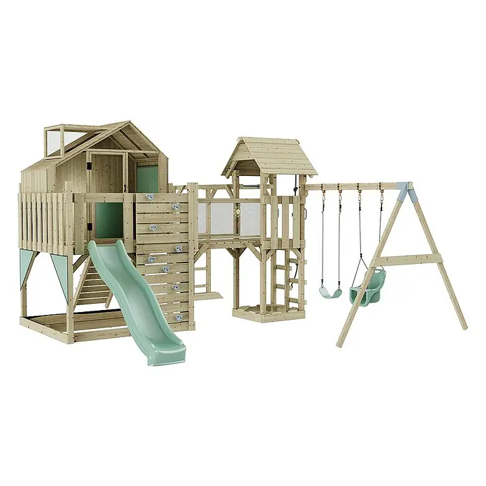 OutdoorToys Kinderspielturm Knut Babyschaukel; - Holz, Grün - Abenteuerlicher Spielplatz mit Kletterwand, Rutsche und Schaukeln für unvergesslichen Spielspaß im Garten.