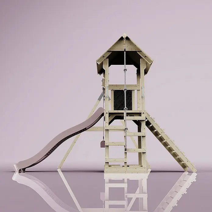 OutdoorToys Kinderspielturm Göteborg - L x B x H: 242 x 357 x 273 cm, Rosa - Holz-Spielturm mit Rutsche, Leiter und Kletterseil für Kinder, ideal für den Garten.