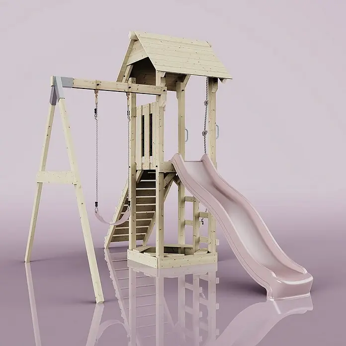 OutdoorToys Kinderspielturm Göteborg - L x B x H: 242 x 357 x 273 cm, Rosa - Ein helles Holzspielhaus mit Schaukel und Rutsche, ideal für Kinder zum Spielen und Spaß haben im Freien.