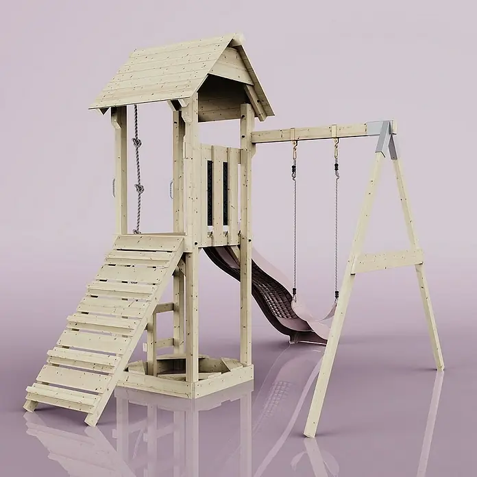 OutdoorToys Kinderspielturm Göteborg - L x B x H: 242 x 357 x 273 cm, Rosa - Ein hölzerner Spielturm mit Rutsche, Schaukel und Kletterleiter für Kinder zum Spielen und Spaß haben im Garten.