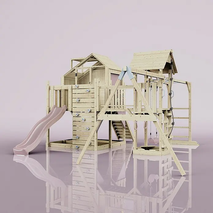 OutdoorToys Kinderspielturm Polarplay Knut - L x B x H: 490 x 503 x 291 cm, Rosa - Großer Holzspielplatz mit Rutsche, Kletterwand, Schaukeln und Spielhaus für stundenlangen Spaß im Garten.