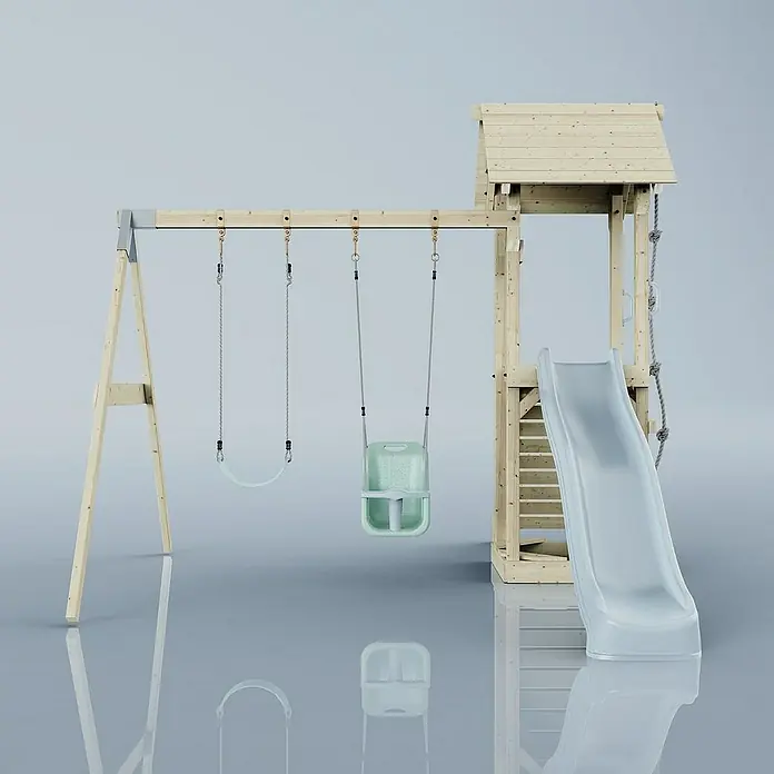 OutdoorToys Kinderspielturm Vimmerby - L x B x H: 332 x 357 x 273 cm, Blau - Eine detailreiche Aufnahme eines Holzspielturms mit Schaukeln und Rutsche, ideal für den Garten.