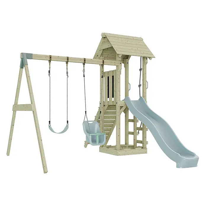 OutdoorToys Kinderspielturm Vimmerby - L x B x H: 332 x 357 x 273 cm, Blau - Das Bild zeigt ein Spielgerät mit Schaukel, Rutsche und Spielturm aus hellem Holz, ideal für den Garten.