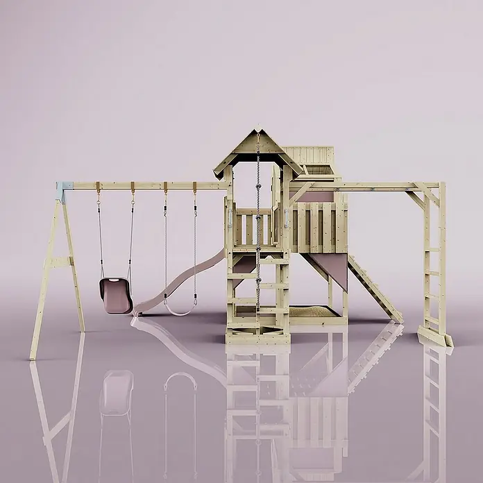 OutdoorToys Kinderspielturm Polarplay Emma - L x B x H: 490 x 503 x 291 cm, Rosa - Hölzerner Spielplatz mit Schaukel, Rutsche, Kletterwand und Spielhaus, ideal für Kinder zum Spielen und Austoben im Freien.