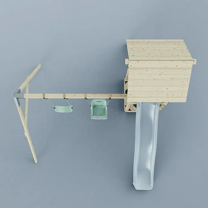 OutdoorToys Kinderspielturm Vimmerby - L x B x H: 332 x 357 x 273 cm, Blau - Draufsicht eines Spielturms mit Schaukel und Rutsche, ideal für Kinder zum Spielen und Spaß haben im Freien.